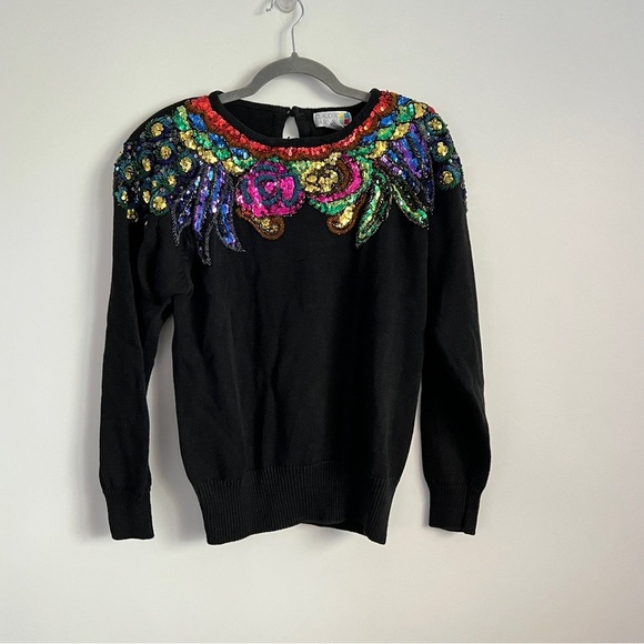 Claudia Barnes Sweaters - Vintage Claudia Barnes Black Colorful Sequin Glam Knit Sweater Size Small